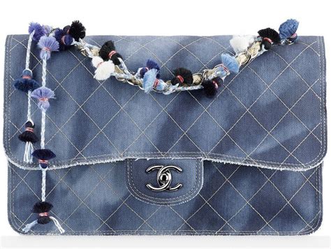 chanel denim flap bag with pom poms